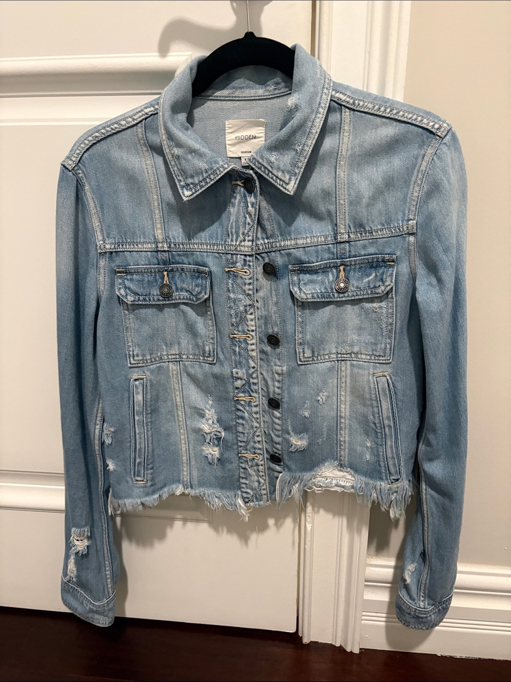 Woman Hidden Denim Frayed Jacket SZ M
